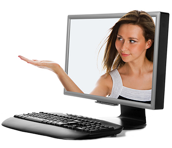 Desktop computer with a lady sticking her hand out of it