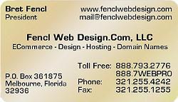 Sample of a metal business card with Fencl Web Design on it